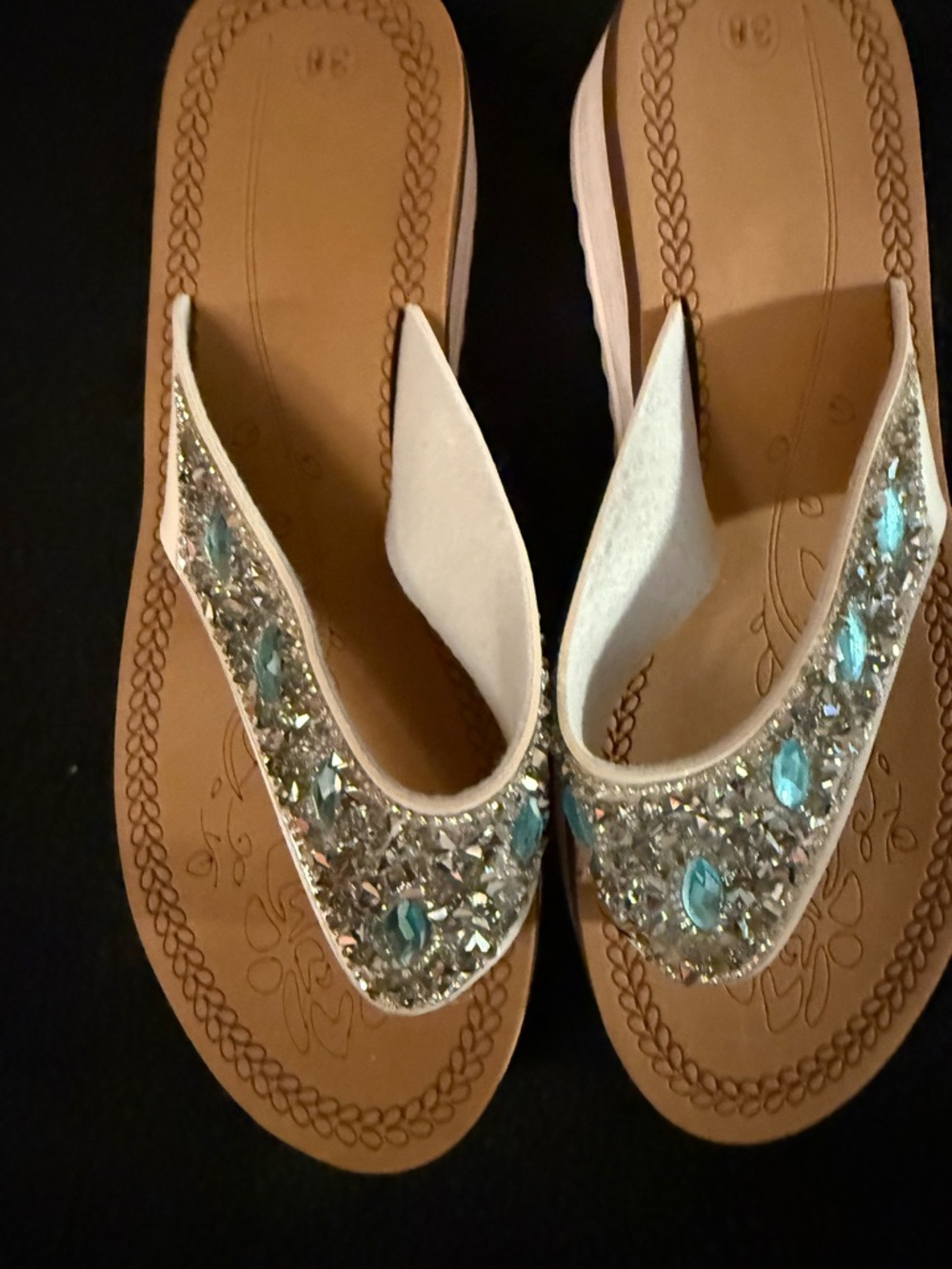 Women's White Thong Sandals with Aqua Gem Accents